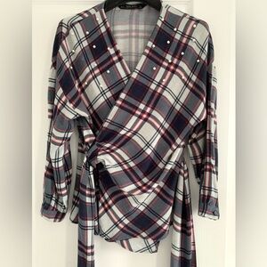 ZARA Plaid Wrap Top with Pearl Studs in Navy, Gray & Red